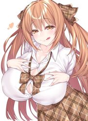 amber_eyes bowtie brown_hair cleavage hair_ribbon huge_breasts licking_lips looking_at_viewer original original_character pale-skinned_female pale_skin school_uniform schoolgirl skirt tongue_out twintails undersized_clothes watosu_(watosu_mama)