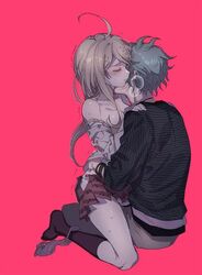 1boy 1boy1girl 1girls akamatsu_kaede blonde_hair blush cleavage closed_eyes clothed danganronpa danganronpa_v3 female green_hair kissing kissing_neck light_skin male panties_down pink_background rantaro_amami smooth_skin straight sweat visible_breath wet zuizi