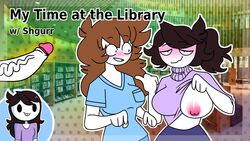 2girls anor3xia big_penis bimbo blushing breast_slip brown_hair female huge_breasts huge_cock jaiden jaiden_animations jaiden_dittfach library lifting_clothing nipple_slip one_breast_out orange_hair penis pointing_at_another public shannon_gurr shgurr tagme thumbnail youtube youtuber