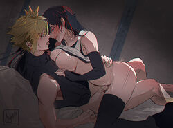 1boy black_hair black_legwear blonde_hair breasts clothing cloud_strife commentary cowgirl_position earrings elbow_gloves female final_fantasy final_fantasy_vii final_fantasy_vii_remake gloves jewelry large_breasts male miyukiko pubic_hair sex sleeveless sleeveless_turtleneck straight thighhighs tifa_lockhart tongue tongue_out turtleneck vaginal_penetration