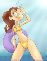 beach duskull_(artist) holding_object looking_at_another luan_loud nickelodeon ponytail solo solo_female solo_focus sunny sunshine swimsuit the_loud_house yellow_bikini