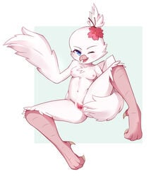 absurd_res anthro anus ass avian bird blue_eyes blush bodily_fluids breasts female flong fur genital_fluids genitals hi_res looking_at_viewer nipples non-mammal_breasts nude open_mouth paws pussy sex simple_background smile solo spread_pussy spreading vaginal_penetration white_body white_fur