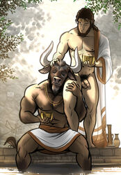 2boys accessory anthro asterion bathing beard bgn bovid bovine branch clothing cup duo european_mythology facial_hair garden gay genitals gold_(metal) gold_jewelry greek_mythology hand_on_head headband hi_res horn human human_on_anthro humanoid interspecies jewelry male male/male mammal minotaur muscular muscular_male mythology necklace penis pool_(disambiguation) robe romantic_ambiance sunny tail_tuft theseus tuft vase water