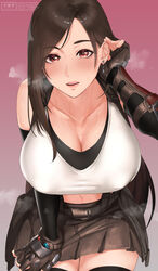 1girls big_breasts brown_eyes brown_hair cleavage clothed clothing female female_only final_fantasy final_fantasy_vii final_fantasy_vii_remake kyoudasha large_breasts long_hair looking_at_viewer nipples nipples_visible_through_clothing sanuki_(kyoudashya) skirt solo solo_female tifa_lockhart