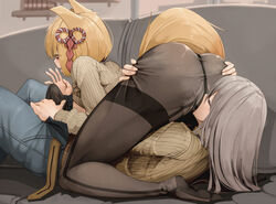 2girls 69 animal_ears ass ass_grab blonde_hair borrowed_character breasts character_request closed_eyes commentary couch cowgirl_position denim destroyer98 english_commentary erection erection_under_clothes futa_with_female futanari genek grey_legwear hair_ornament jeans long_hair multiple_girls on_couch open_fly original pants pantyhose penis_grab red_eyes ribbed_sweater seamed_legwear short_hair sideboob silver_hair smelling spread_ass sweater thighband_pantyhose