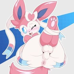 1:1 1boy 2020 absurd_res accessory anus ass ass_grab balls big_ears blue_background blue_eyes blue_sclera blush canine eeveelution femboy feral fur furry furry_only girly hair_accessory hair_ribbon hairbow hand_on_ass hand_on_butt heart-shaped_butt hi_res legs_up lemonlime long_ears looking_at_viewer lying male male_only multicolored_body multicolored_fur nintendo nude on_back one_eye_closed open_mouth pawpads paws perineum pink_body pink_fur pokémon_(species) pokemon pokemon_(species) pokemon_xy pose presenting presenting_anus presenting_hindquarters rear_view ribbon ribbons simple_background solo solo_focus spread_ass spreading sylveon tail teeth thick_thighs tongue two_tone_body two_tone_fur video_games white_background white_body white_eyes white_fur wide_hips wink