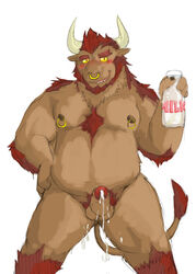 2014 anthro balls belly blush bodily_fluids bovid bovine brown_body brown_fur cattle cum fur genital_fluids genitals hi_res humanoid_genitalia humanoid_hands humanoid_penis kemono male male_only mammal moobs nipples overweight overweight_male penis simple_background solo v2wolf white_background