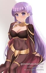 1girls big_breasts blush braid cleavage cosplay fire_emblem fire_emblem:_the_binding_blade fire_emblem_awakening large_breasts manakete purple_eyes purple_hair solo_female sophia_(fire_emblem) tharja_(fire_emblem)_(cosplay) very_long_hair