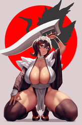 1girls blue_eyes breasts cleavage eu03 female huge_breasts iroha kneeling maid_headdress samurai_shodown short_hair solo thick_thighs thighhighs thighs weapon