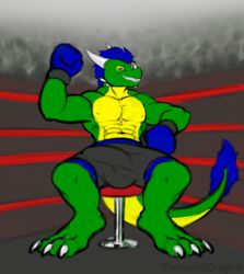 anthro balls boxers_(clothing) boxing bulge clothing dragon feet genitals hi_res lorenz_(freakyy-dragon) male male_only paws penis sport thejoyfuldragon underwear