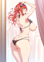 1girls ahoge ass ass_cleavage azur_lane bangs bare_arms bare_back bare_shoulders bikini black_bikini blurry blurry_background blush breasts butt_crack cowboy_shot curtains eyebrows_visible_through_hair female female_only from_behind goggles goggles_on_head hair_between_eyes hair_ornament indoors large_breasts long_hair looking_at_viewer looking_back multi-strapped_bikini nipples open_mouth poolside red_hair shiny shiny_skin shoulder_blades side_ponytail sideboob sidelocks skindentation solo solo_female standing swimsuit thighs whistle whistle_around_neck window yellow_eyes zara_(azur_lane) zara_(poolside_coincidence)_(azur_lane) zucchini