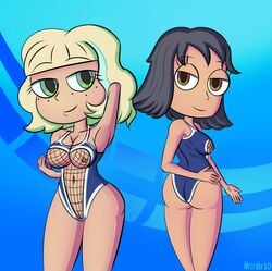 2girls arms_behind_back ass black_hair blonde_hair breasts brown_eyes dark_skin disney female female_only fishnet_swimsuit freckles from_behind green_eyes hand_on_hip jackie_lynn_thomas janna_ordonia mrcrabx10 multiple_girls nipples one-piece_swimsuit revealing_clothes see-through_clothing see-through_swimsuit sideboob smiling star_vs_the_forces_of_evil straight_hair swimsuit wide_hips