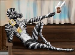 alcohol animal_genitalia animal_penis anthro beer beverage black_penis equid equine genitals male male_only mammal nude penis pose solo zebra zebrov