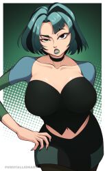 1girls absurdres big_breasts black_eyes breasts cartoon_network choker cleavage female female_only green_hair gwen_(tdi) gwen_(total_drama) hand_on_own_hip highres kristallion lipstick looking_at_viewer makeup midriff_peek multicolored_hair nail_polish open_mouth short_hair skirt solo thick_eyebrows total_drama_island