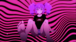2d 2d_(artwork) anime_screenshot background_pattern black_shirt blush feet female hands_on_floor looking_at_viewer no_pants open_legs otachan otakuvs panties petite petite_body petite_female pink_background purple_eyes purple_hair purple_panties screenshot sitting sitting_down sitting_on_floor sole solo source_request spread_legs striped_panties the_otachan_show toes twintails underwear