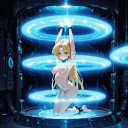 ai_generated arms_above_head asia_argento benmccannon_(artist) blonde_hair bondage green_eyes high_school_dxd kneeling laboratory magic_circle magic_restraints metal_cuffs prisoner restrained