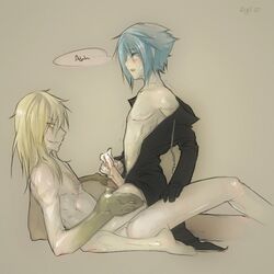 2007 2boys anal beige_skin blonde_hair blue_hair color crossover disney gay human jacket kingdom_hearts long_hair male male_only multiple_boys nude open_clothes penis short_hair smirk square_enix tengen_toppa_gurren-lagann tengen_toppa_gurren_lagann viral yaoi yellow_eyes zexion