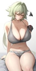bra breasts caesar_king caesar_king_(zenless_zone_zero) calvin_klein closed_mouth collarbone female female_only gradient_background green_hair grey_background grey_bra grey_panties highres huge_breasts long_hair looking_down mechanical_arms mikage_77777 navel panties solo sweat underwear underwear_only yellow_eyes zenless_zone_zero