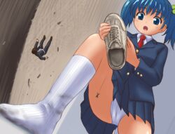 blue_eyes blue_hair giant giantess imminent_death manzi miniboy panties pantyshot rocket_launcher rpg school_uniform shoe shoes shrink_academy size_difference syukusyou_gakuen underwear weapon