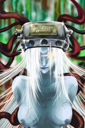 bare_shoulders breasts female final_fantasy final_fantasy_vii grey_skin hair_over_one_eyes helmet jenova long_hair nipples pointy_chin purple_lips smooth_skin solo suitenrin veins white_hair