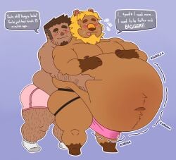 animal_crossing anthro arm_hair belly big_belly blush bodily_fluids body_hair boxer_briefs bud_(animal_crossing) bulge clothed clothing duo english_text facial_hair feeding felid footwear ghgbn groping_belly groping_from_behind hairy hairy_legs hi_res huge_belly human hyper hyper_belly jockstrap lion male male/male mammal mane navel nintendo overweight pantherine partially_clothed romantic self_insert socks straining sweat text tongue tongue_out underwear villager_(animal_crossing) wet_tip