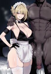 1boy 1girls ai_generated armpits ass blonde_hair breasts clothed clothed_female clothed_female_nude_male cuckold dark-skinned_male dark_skin evelyn_chevalier faceless_male grin huge_ass huge_balls huge_breasts huge_cock human human_only interracial light-skinned_female light_skin looking_at_viewer maid mihoyo muscular_male smile smirk steam steamy_breath sweat sweatdrop sweating thick_thighs thighs truck-kun_art truck_kun veiny_penis zenless_zone_zero