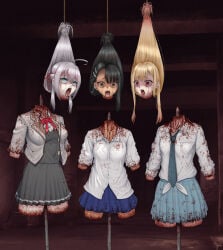3girls ahoge alisa_mikhailovna_kujou beheaded black_hair blonde_hair blood_on_face blood_stain blue_eyes bowtie corpse death decapitation dismemberment earrings gore guro hair_ribbon hairclip hayase_nagatoro kitagawa_marin long_hair mouth_open multiple_deaths multiple_girls necrophilia on_display orange_eyes please_don't_bully_me,_nagatoro red_eyes school_uniform severed_head skewer skirt sono_bisque_doll_wa_koi_wo_suru suspension tied_hair tokidoki_bosotto_russian_de_dereru_tonari_no_alya-san tongue uniform very_long_hair white_hair