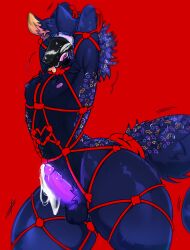 absurd_res anthro arcade_carpet_pattern ass balls big_butt blush bodily_fluids bondage bound cum ejaculation embarrassed fluffy fluffy_tail genital_fluids genitals heart_symbol hi_res huge_butt keni_kun_sama machine male_focus male_only nebby_the_protogen needy nipples penis protogen protogen_visor restraints rope rope_bondage rope_harness shaking solo sweat sweatdrop tail thick_thighs tongue tongue_out trembling vein veiny_penis
