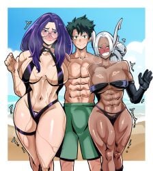 1boy 2girls 2girls1boy abs age_difference bare_arms bare_legs bare_shoulders bare_thighs beach big_breasts blush blush_lines blushing boku_no_hero_academia boku_no_hero_academia_(finale) breasts bunny_ears bunny_girl color dark-skinned_female dark_skin deaf_(artist) female fit_female glasses green_eyes green_hair hi_res izuku_midoriya kaina_tsutsumi lady_nagant large_breasts long_hair looking_at_viewer male male/female midoriya_izuku miruko muscles muscular muscular_female muscular_male my_hero_academia my_hero_academia_(finale) nervous nervous_smile penis_bulge post-timeskip public red_eyes rumi_usagiyama sand scar scars superheroine sweat swimsuit swimwear tagme thick_thighs white_hair