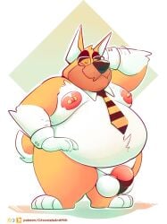 abstract_background anthro barbell_piercing barely_contained barely_contained_penis belly belly_hair big_belly body_hair canid canine canis chocolateandmilk domestic_dog excessive_body_hair eyes_closed eyewear flaccid front_view genitals glasses hand_behind_head hand_on_hip hi_res male male_anthro mammal moobs mouth_closed nipple_barbell nipple_piercing nipples obese obese_anthro obese_male overweight overweight_anthro overweight_male penis piercing pink_nipples pink_penis rectangular_glasses richard_(chocolateandmilk) solo standing