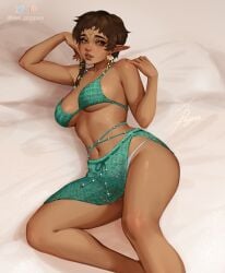1girls ave_poppea braid breasts brown_eyes brown_hair brown_skin character_request dark-skinned_female elf female female_only green_bra green_skirt hand_on_face hand_on_shoulder laying_down laying_on_bed looking_at_viewer panties patreon_logo pendant thighs twitter_logo white_panties
