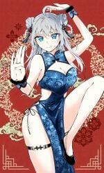 adolescent alisa_mikhailovna_kujou blue_dress blue_eyes eyebrows_visible_through_hair eyelashes_visible_through_hair hands_up large_breasts leg_up legs looking_at_viewer makeup shy teenage_girl thin_neck thin_waist tokidoki_bosotto_russian_de_dereru_tonari_no_alya-san white_hair white_skin