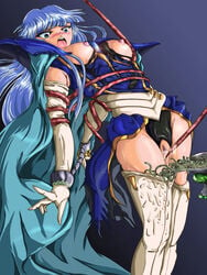 1girls 2010 balklash. blue_hair breasts censored clothing curvaceous female forced highres human large_breasts long_hair magic_knight_rayearth monster nipples pale-skinned_female pale_skin panties restrained skirt solo stockings tentacle umi_ryuuzaki