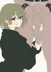 1boy 1girls akina-chan big_breasts buckethead_ero busty chains female green_eyes green_hair handjob hi_res huge_breasts huge_cock licking_lips looking_at_viewer male naughty_face short_hair smile stroking_penis tagme tongue tongue_out voluptuous