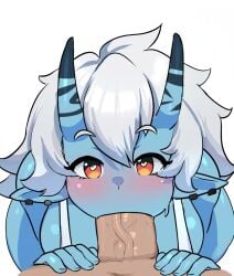 aged_up alternate_breast_size alternate_breast_size_(larger) animated big_breasts big_penis blowjob blowjob_face blue_body blue_horn blue_horns blue_skin cum horns hoyoverse looking_at_viewer miruyuyo mouth_full_of_cock mouth_gag no_sound pov pov_eye_contact soukaku_(zenless_zone_zero) tagme thiren tits video white_hair zenless_zone_zero