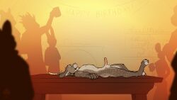 16:9 anthro background_character birthday claws closed_eyes digitigrade dungeons_and_dragons erection exhibitionism fek fekkri_talot felid fur genitals hasbro hi_res humanoid_genitalia humanoid_penis lying male male_only mammal markings meme nipples nude on_back open_mouth open_smile party penis short_fur smile solo spots spotted_body tabaxi toony whiskers widescreen wizards_of_the_coast