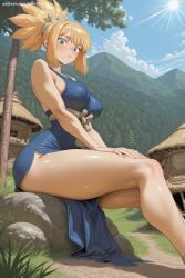 1girl ai_generated bare_shoulders blonde_hair blue_eyes blue_sky breasts covered_nipples day dress grass hi_res high_quality high_resolution kohaku_(dr_stone) large_breasts looking_at_viewer mountain outdoors patreon ponytail savvyraexo seductive sexy sitting sky solo sun thighs tree uncensored watermark