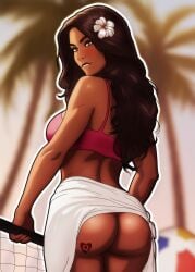 1girls ass ava_ayala beach big_breasts black_hair bleached blurred_background blush breasts brown_eyes canonical_scene dark-skinned_female dark_skin exposed_ass female flower_in_hair full_lips gingiensfw large_ass long_hair looking_at_viewer looking_back marvel marvel_comics medium_breasts no_panties official_alternate_costume queen_of_hearts sarong seductive_smile solo solo_female sunset superheroine swimwear tattoo tattoo_on_butt thick_ass thick_thighs ultimate_spider-man_(show) unmasked volleyball white_tiger_(marvel)