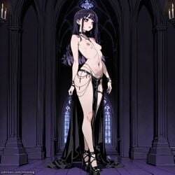 ai_generated bracelet bracelets chains church church_interior collar goth goth_girl goth_makeup heels long_hair meimeg navel_piercing necklace nipple_piercing oc original_character piercing piercings purple_eyes purple_hair small_breasts solo_female solo_woman topless topless_female