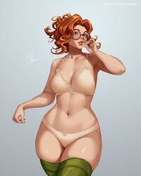 1girls ave_poppea bow bow_bra bra breasts child_bearing_hips cleavage commentary curvaceous curvaceous_body curvaceous_female curvaceous_figure curvaceous_hips curvaceous_thighs curvy curvy_body curvy_female curvy_figure curvy_hips curvy_thighs deadlock english_commentary female female_focus female_only glasses green_eyes green_thighhighs highres lace lace-trimmed_bra lace-trimmed_panties lace_trim lingerie lips long_hair looking_at_viewer medium_breasts navel orange_hair paige_(deadlock) panties parted_lips pen red-framed_eyewear round_eyewear simple_background solo solo_female solo_focus thick thick_hips thick_legs thick_thighs thighhighs thighs underwear underwear_only white_bra