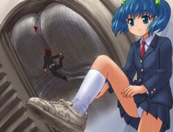 bad_end blue_eyes blue_hair death giant giantess manzi miniboy panties pantyshot rpg school_uniform shrink_academy size_difference syukusyou_gakuen underwear