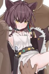 3boys animal_ears arknights belt breasts brown_hair censored clenched_teeth coat commentary dated_commentary dress female fur_trim gangbang group_sex highres kamihine lunacub_(arknights) mosaic_censoring multiple_boys open_clothes open_coat pussy rape small_breasts straight tail teeth white_background white_dress wolf_ears wolf_girl wolf_tail yellow_eyes