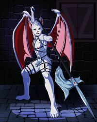 4:5 abs absurd_res anthro balls bat chastity_cage chastity_device collar fur genitals halberd harness hi_res holding_object holding_weapon male mammal melee_weapon membrane_(anatomy) membranous_wings muscular muscular_anthro muscular_male nipples nude open_mouth polearm red_eyes snowflake solo standing story_at_source weapon white_body white_fur wing_armor wings yuka_koshka