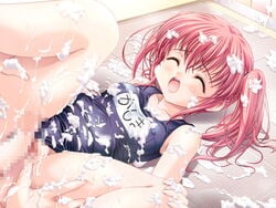 closed_eyes cum erect_nipples honjou_ayahito kishi_aimi miyama-zero one-piece_swimsuit pink_hair princess_brave school_swimsuit sex soap swimsuit