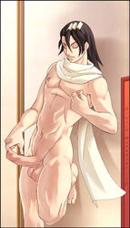 1boy bleach byakuya_kuchiki finger_in_foreskin foreskin kuchiki_byakuya male male_only muscle penis solo