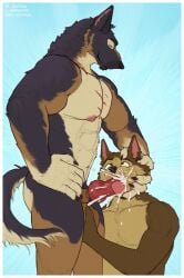 abs anthro anthro_on_anthro anthro_penetrated anthro_penetrating anthro_penetrating_anthro aroused aroused_by_another aroused_face aroused_male aroused_smile asatrua ball_fondling ball_grab balls bara barazoku biceps big_balls big_muscles big_pecs black_body black_fur blue_background bodily_fluids border brown_body brown_eyes brown_fur canid canine canis cerffou chest_scar claws closed_eyes cum cum_from_penis cum_in_mouth cum_inside cum_on_another cum_on_face cum_on_hand cum_on_own_hand cum_on_own_penis cum_on_partner cum_on_partner's_face cum_on_penis cum_on_self cum_splatter cum_spurt cumming_from_penetration cumming_while_penetrating cumshot cumshot_in_mouth domestic_dog dominant dominant_anthro dominant_male domination/submission drinking drinking_cum duo ejaculating_on_another ejaculating_on_self ejaculating_while_penetrating ejaculation ejaculation_while_penetrating erection eyebrows fellatio fondling fur furry gay genital_fluids genitals german_shepherd grabbing_head grope hand_on_balls hand_on_head hand_on_side head_grab head_rub hi_res holding_balls holding_head holding_side kneeling kneeling_oral_position knot knotted_penis licking looking_pleasured male male/male male_penetrated male_penetrating male_penetrating_male mammal manly muscular muscular_anthro muscular_arms muscular_male muscular_thighs nipples nude nude_anthro nude_male oral oral_penetration orgasm pecs penetration penile penile_penetration penis penis_in_mouth penis_lick rubbing_head saliva saliva_on_penis scar sex side_grab simple_background standing submissive submissive_anthro submissive_male sucking swallowing tail thick_arms thick_thighs tongue tongue_out white_body white_border white_fur wolf