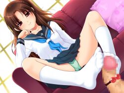 1boy arm_support black_skirt blush breasts brown_hair censored cherry closed_mouth collarbone couch day dutch_angle feet female food footjob fruit game_cg green_panties hair_bobbles hair_ornament hand_on_own_cheek hand_on_own_face hand_up head_rest indoors kneehighs light_smile long_hair long_sleeves looking_at_viewer miniskirt mosaic_censoring naughty_face neckerchief no_shoes nonohara_miki on_couch one_side_up panties pantyshot parted_bangs penis pillow pleated_skirt pocket pov saginomiya_rin sailor_collar school_uniform serafuku shirt shoukoujo sitting skirt sleeve_cuffs small_breasts smile socks solo_focus spread_legs straight striped_clothes striped_panties two-footed_footjob underwear variant_set white_shirt white_socks window