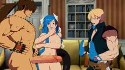1girls 2boys 3d arc_system_works comparing comparing_penis completely_nude dancer dizzy_(guilty_gear) fully_nude guilty_gear guilty_gear_strive huge_cock ky_kiske lolikill long_hair music ntr queen_dizzy size_difference sol_badguy tagme touching_ass video