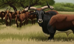 2026 agustindiazart animal_genitalia aurochs big_horn bovid bovine brown_body brown_fur day feral field fully_sheathed fur genitals grass group herd horn indian_aurochs looking_at_viewer mammal nature outside plant recently_extinct_species sheath short_fur tree