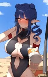 1girls absurdres arm_strap averting_eyes azz0422 beach beach_umbrella big_breasts black_one-piece_swimsuit blue_hair blush boob_window breasts center-flap_bangs cleavage cleavage_cutout clothing_cutout commentary commission cowboy_shot dizzy_dokuro double-parted_bangs double_bun drill_hair embarrassed english_commentary female female_only groin hair_bun highleg highleg_one-piece_swimsuit highres hips holding_sunscreen huge_breasts large_breasts long_hair massive_breasts navel one-piece_swimsuit outdoors phase_connect phase_invaders plunging_neckline pointy_ears red_eyes side_up_bun small_sweatdrop solo solo_female stomach_cutout swimsuit tucking_hair twin_drills twintails umbrella virtual_youtuber voluptuous vtuber wavy_mouth